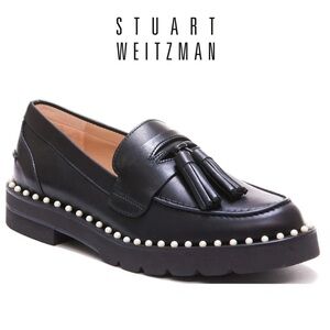 Stuart Weitzman Mila Pearl Embellished Loafers Black Leather Tassel Shoes US 6